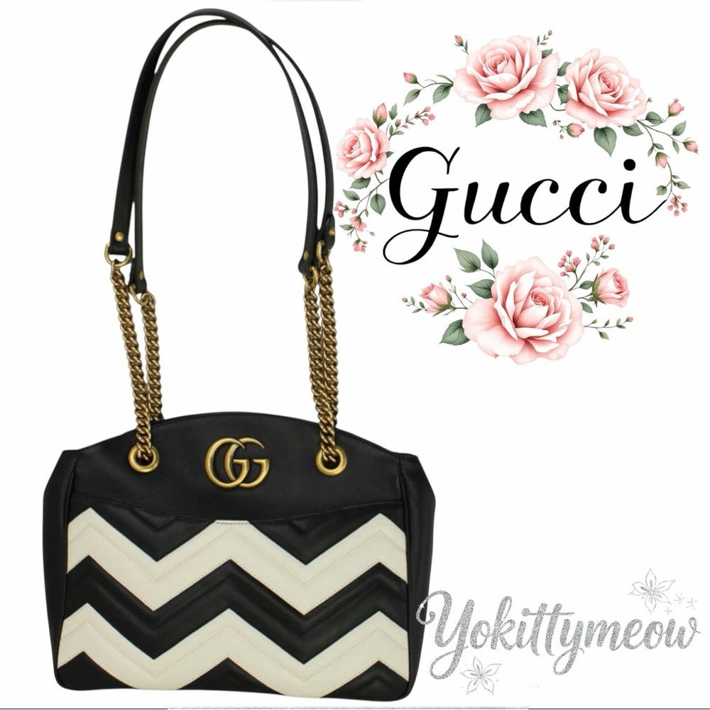GUCCI Calfskin Matelasse Medium GG Marmont Open Top Shoulder Bag Black White